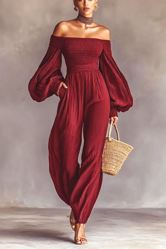 Style Off-Shoulder Lantern Sleeve Pleated Loose Jumpsuit for Women 