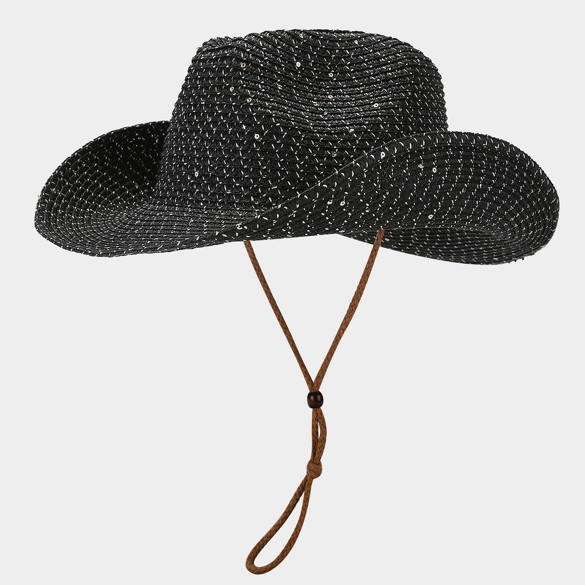 New Womens Panama Straw Weaved Sequin Windproof Sun Hat 