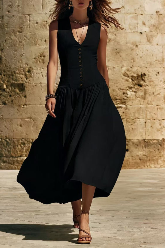 V-Neck Buttoned Chic Elegant Sleeveless Cotton-Linen Dress 