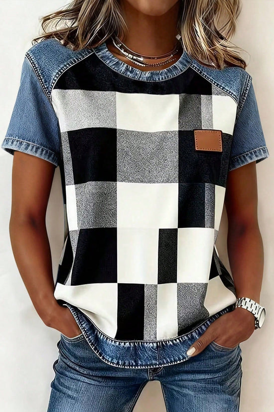 Women's Retro Denim Patchwork Short-Sleeve Shirt – Loose Fit 