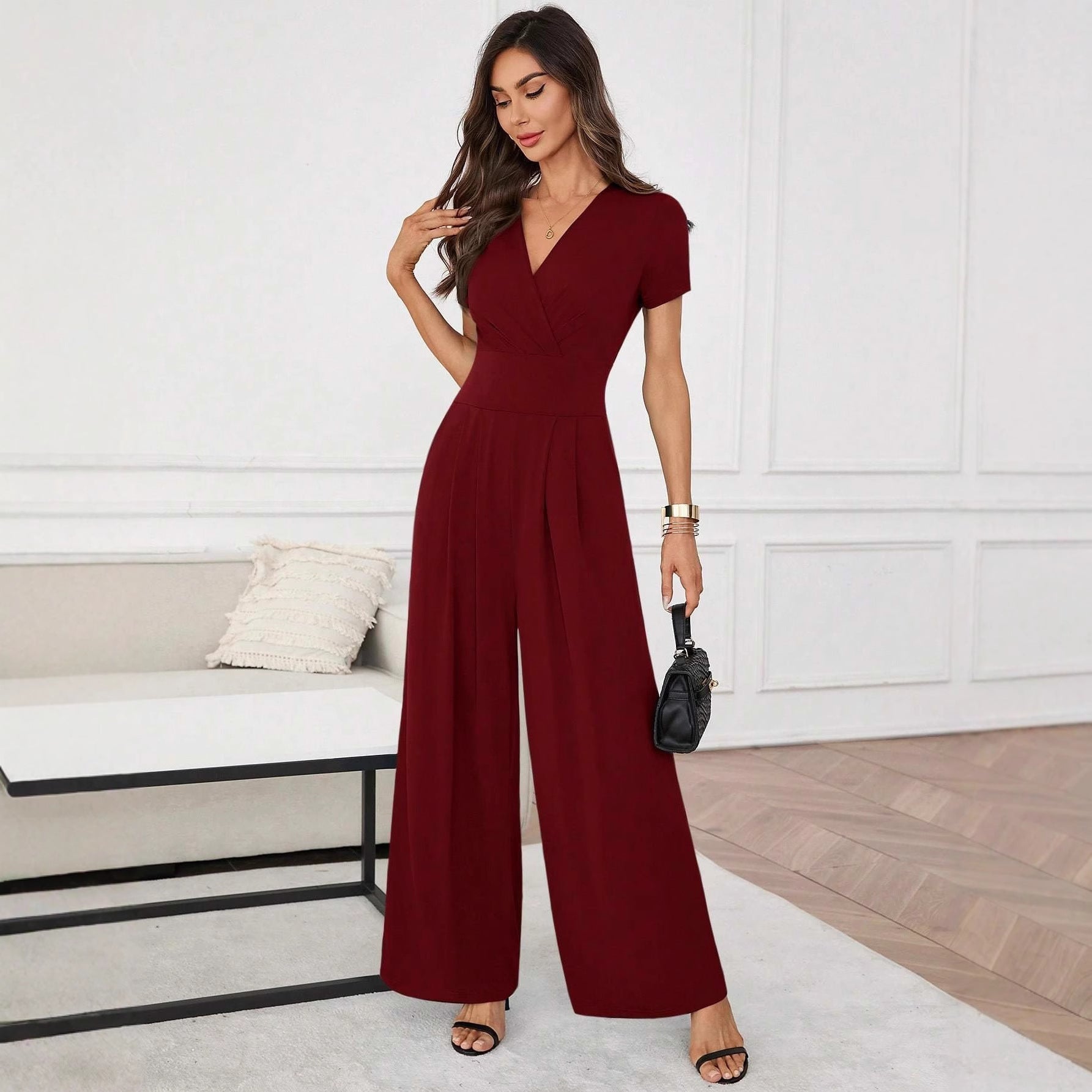 Women's Solid-Color Short-Sleeve Pleated Wide-Leg Jumpsuit 