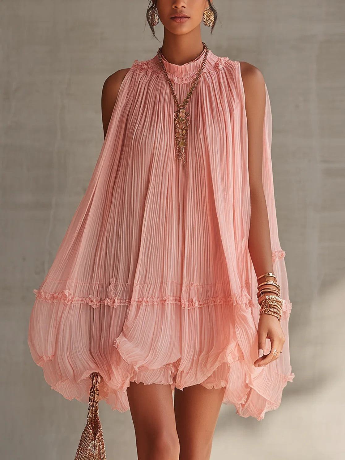 Sleeveless Pleated Mini Dress for Women, Loose A-Line Skirt with Ruffled Hem, Gathered Pleats, Casual Vacation Style, Flared Silhouette, Sweet Baby Doll Dress 