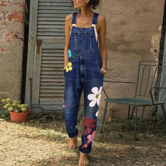 Summer Printed Overalls Denim Pants with Ripped Details, Loose Straight Leg Casual Stylish Versatile Long Pants for Women 