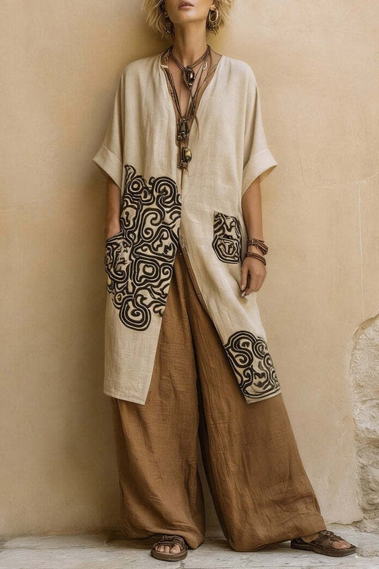 Loose Embroidered Long Robe Two-Piece Set for Women, Casual Wide-Leg Pants Outfit, Fashionable and Trendy 