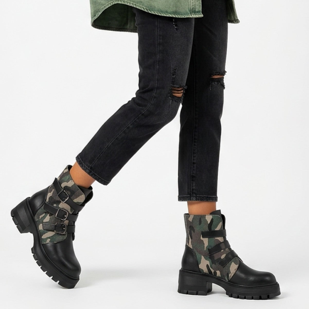 High Heel Thick Sole Belt Buckle Camouflage Low Cut Women's Boots Fashionable Large Made to order, ships in 7 days 