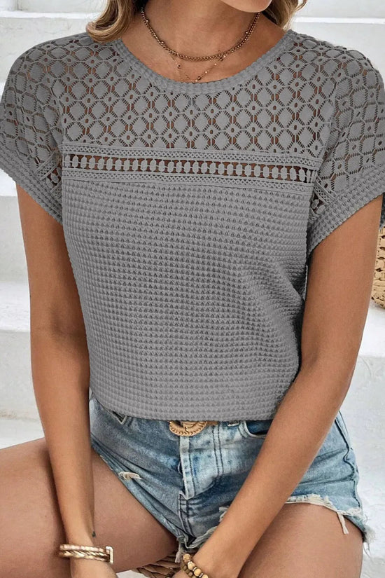 Waffle-Knit Round Neck Short Sleeve Top 