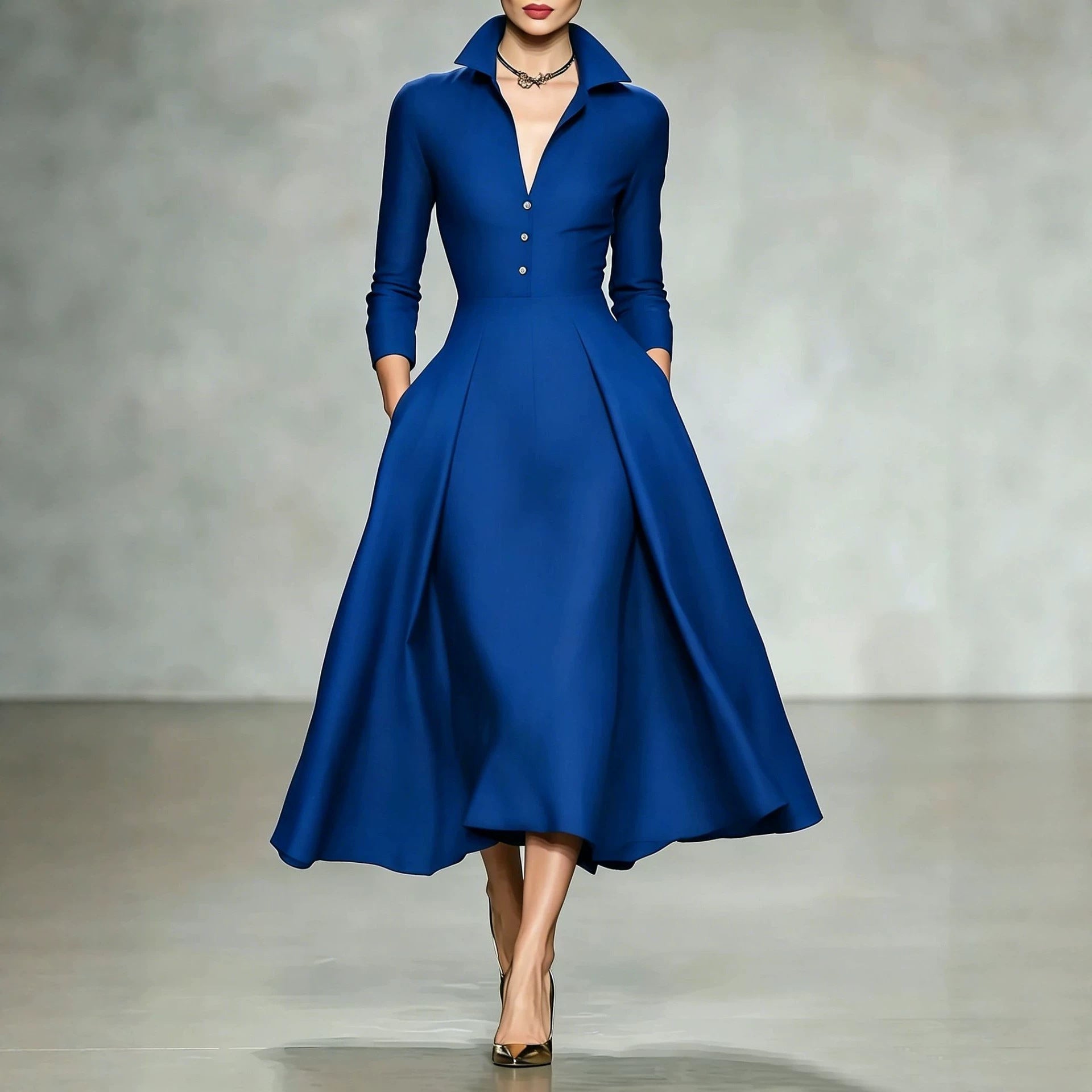 V-neck waist cinched long sleeved dress 
