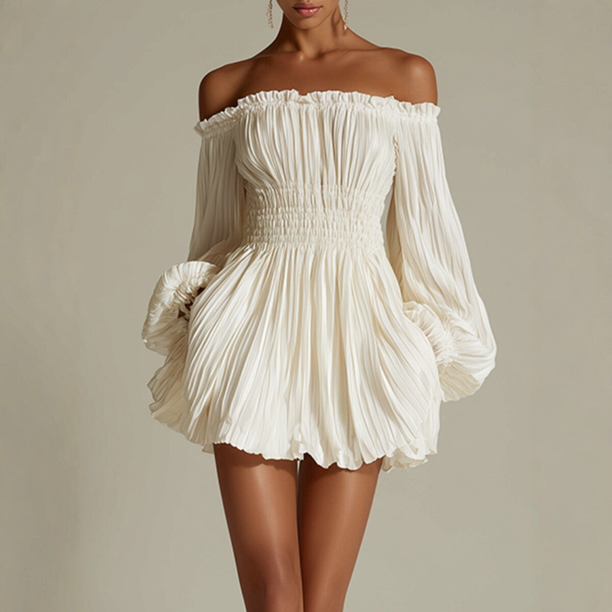 Elegant One-Shoulder Pleated Fitted Long Sleeve Dress for Women 