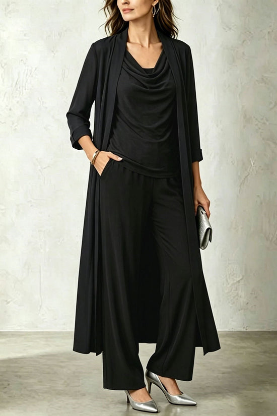 Long sleeved swing collar top long cardigan jacket long pants three piece set 