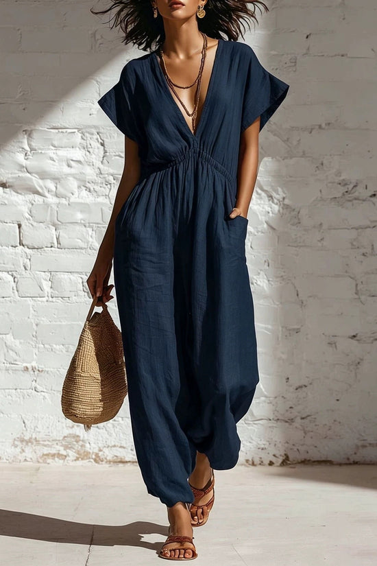 Deep V-neck loose fit pants for women 