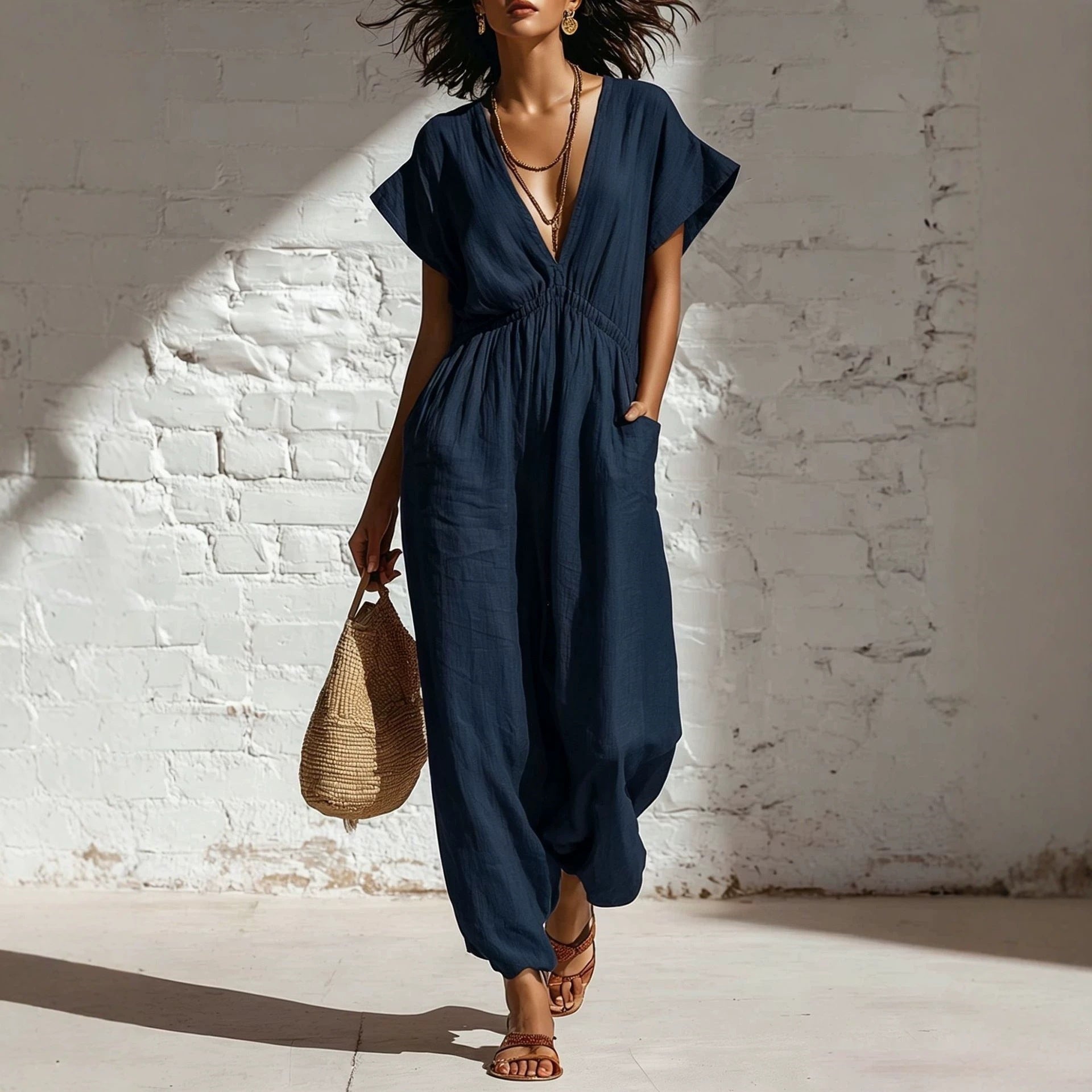 Deep V-neck loose fit pants for women 