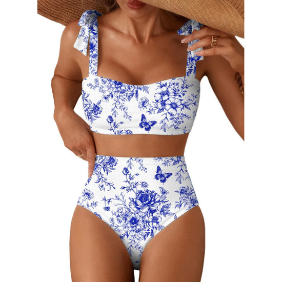 Women's Striped Bikini Set with Tie-Shoulder Design, High-Waisted Two-Piece Swimsuit 
