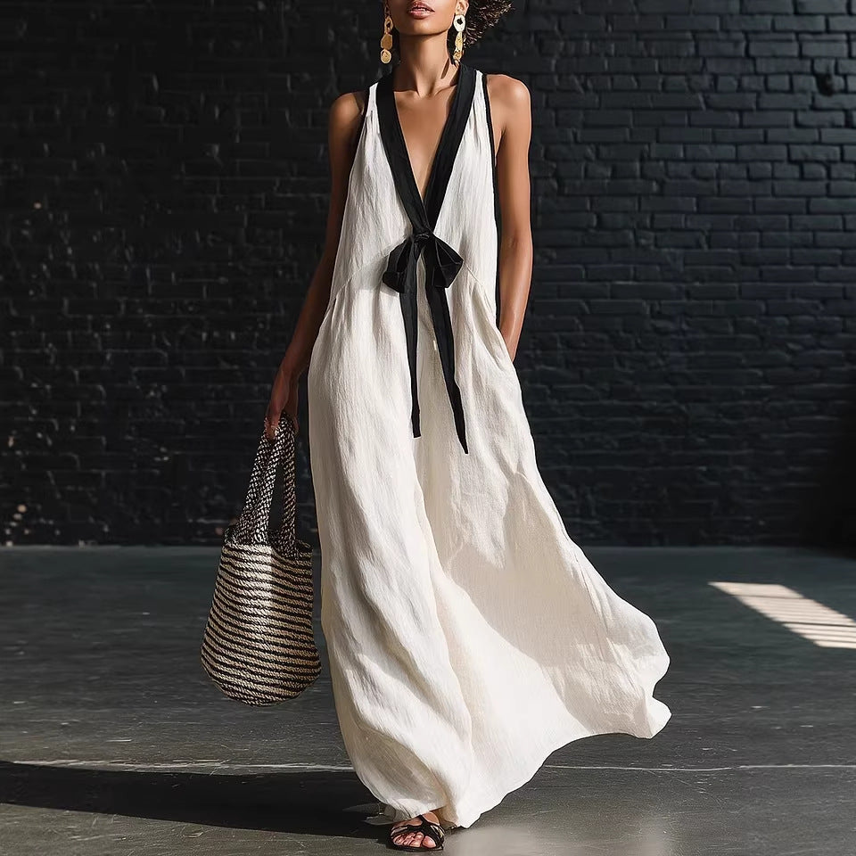 V-neck Strapless Sleeveless Resort-Style Long Simple Elegant Dress 