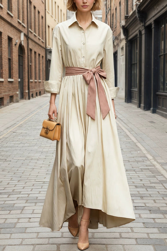 Long sleeved shirt collar solid color long skirt dress 