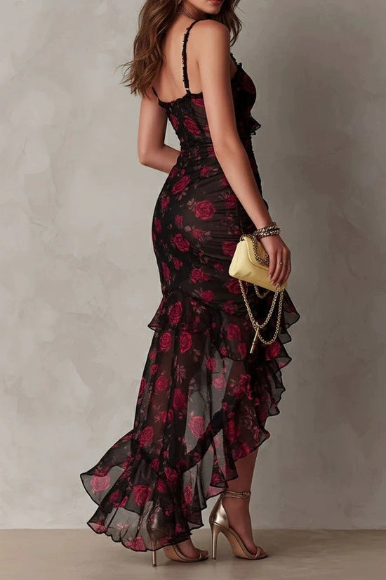 Style Floral Print Strap Irregular Ruffle Hem A-Line Dress 