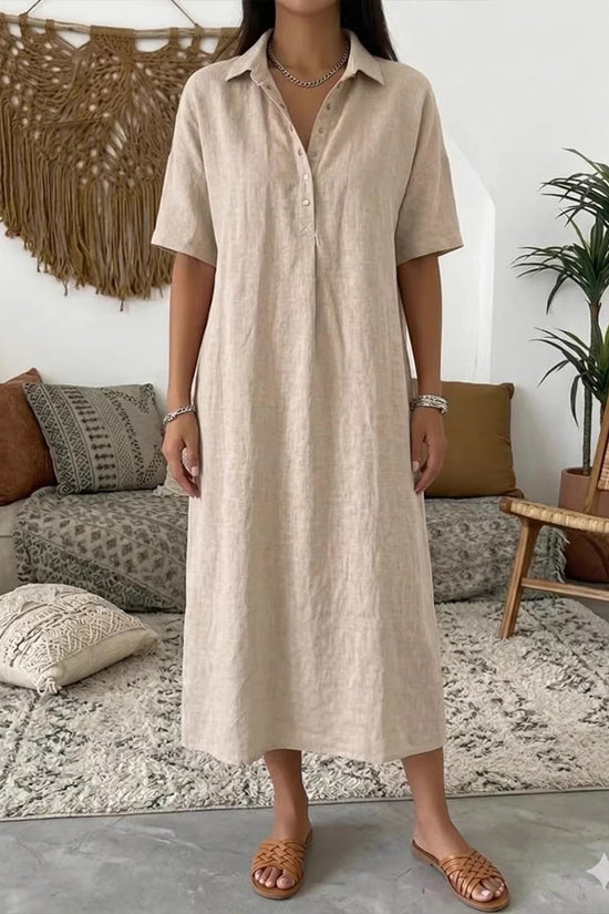 Casual Straight Fit Comfortable Linen Short Sleeve Polo Neck Dress for Women 