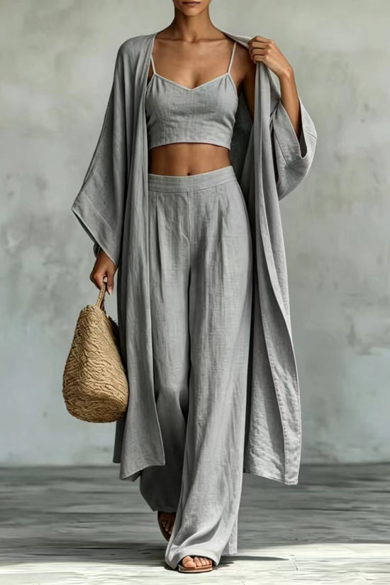 Loose cardigan short strap high waist wide leg pants set 