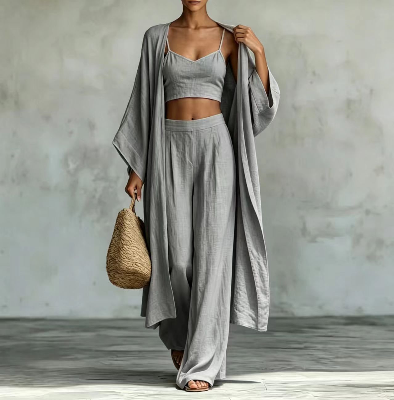 Loose cardigan short strap high waist wide leg pants set 
