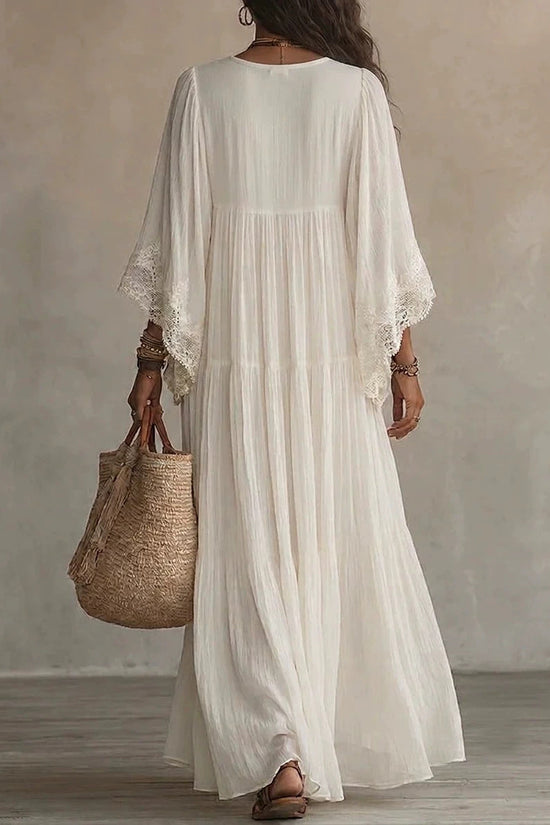 Lace patchwork V-neck long vacation beach dress 