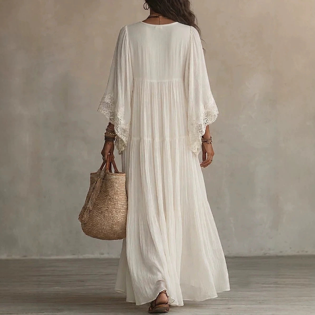 Lace patchwork V-neck long vacation beach dress 