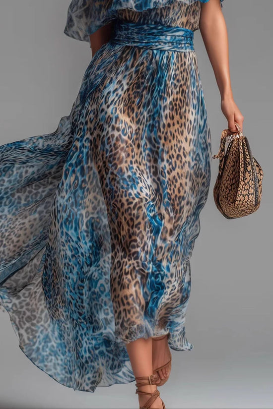 Leopard Print Chiffon Dress with Asymmetrical Shoulder, Ruffle, Waist Cinching, Vacation Long Dress 