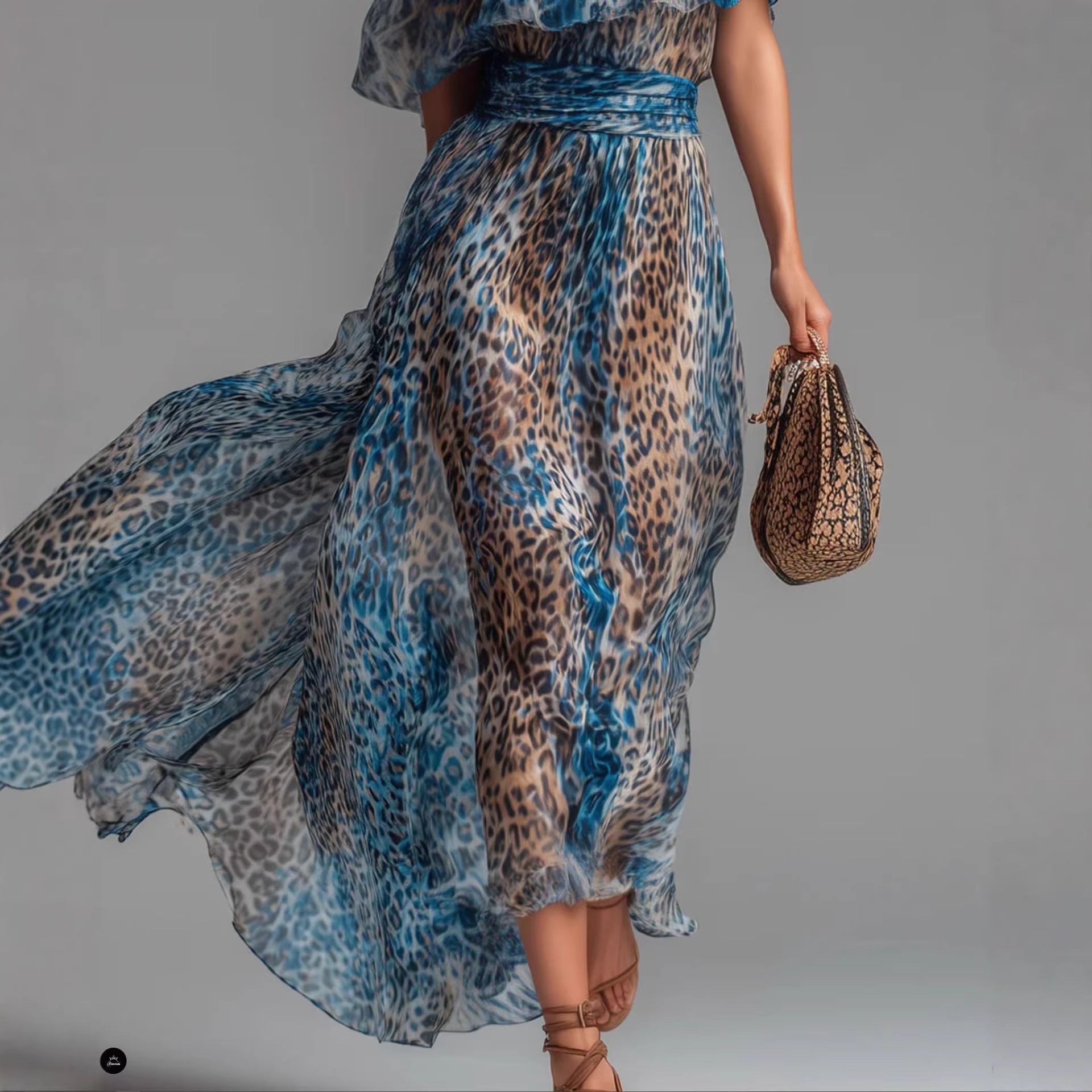 Leopard Print Chiffon Dress with Asymmetrical Shoulder, Ruffle, Waist Cinching, Vacation Long Dress 