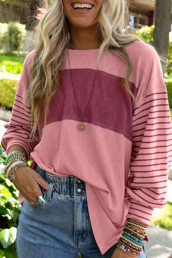 Women's casual color-blocked striped long sleeve round neck pullover t-shirt 