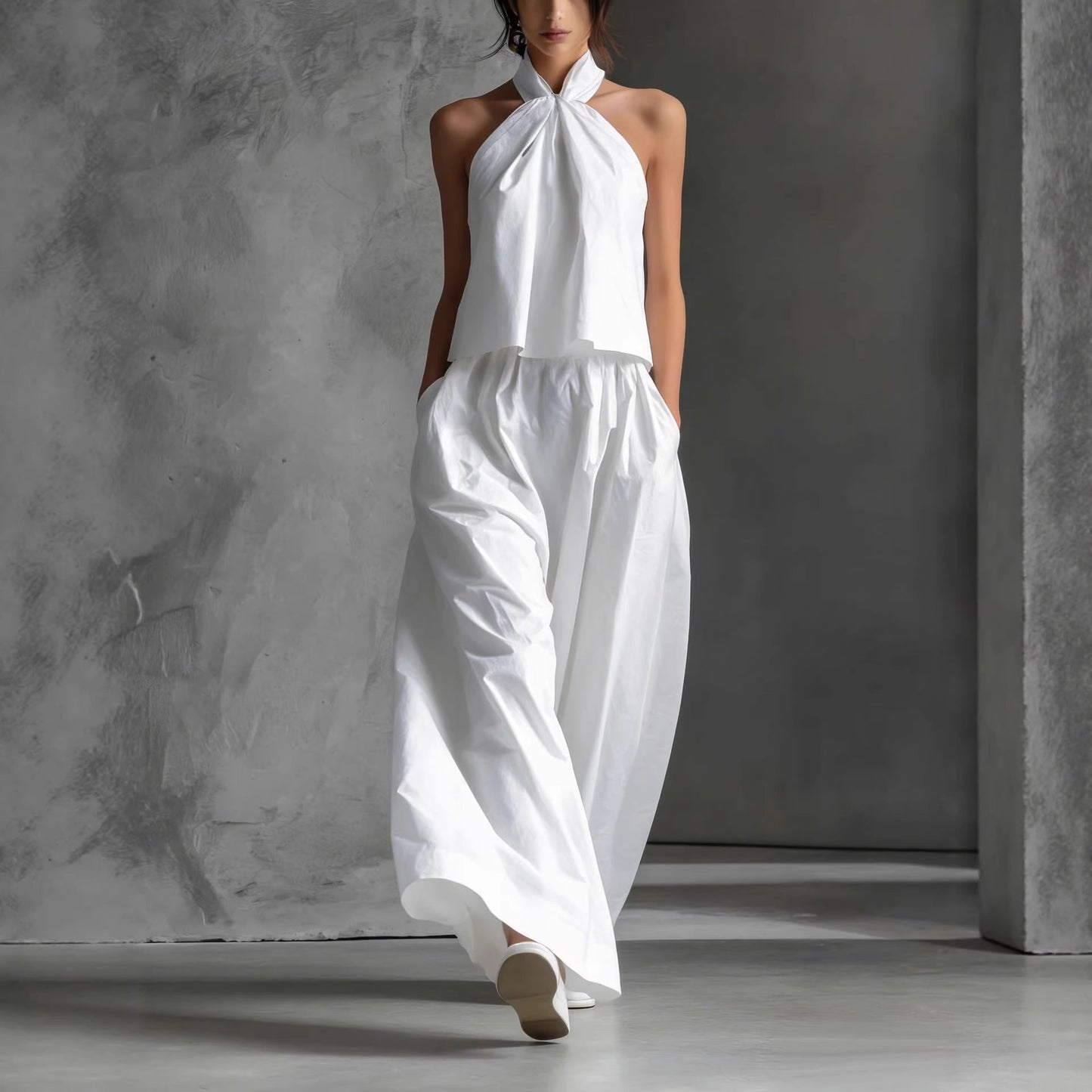 Loose Sleeveless Top High-Waisted Wide-Leg Pants Two-Piece Set for Women 