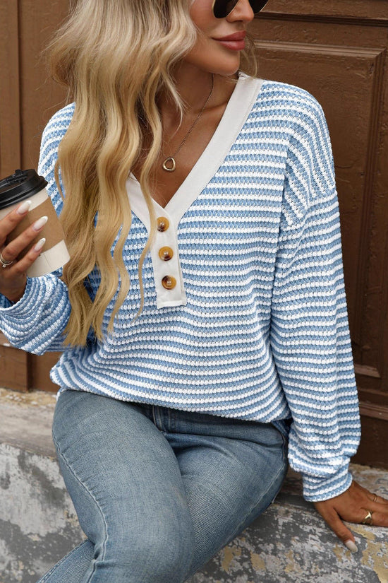 V-neck button top long sleeved color blocked T-shirt 