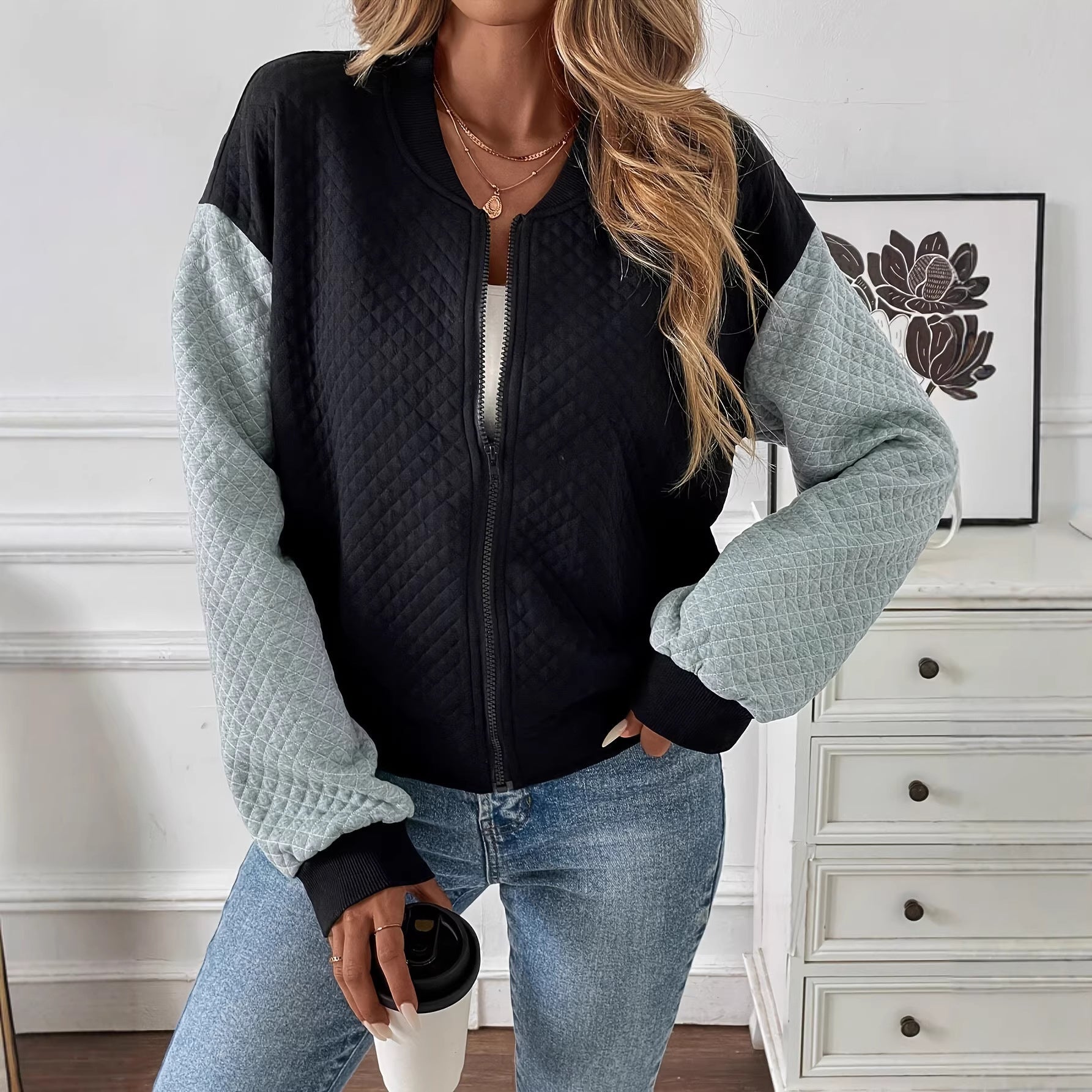 Women's Color Blocked Baseball Collar Casual Long Sleeved Zipper Jacket 