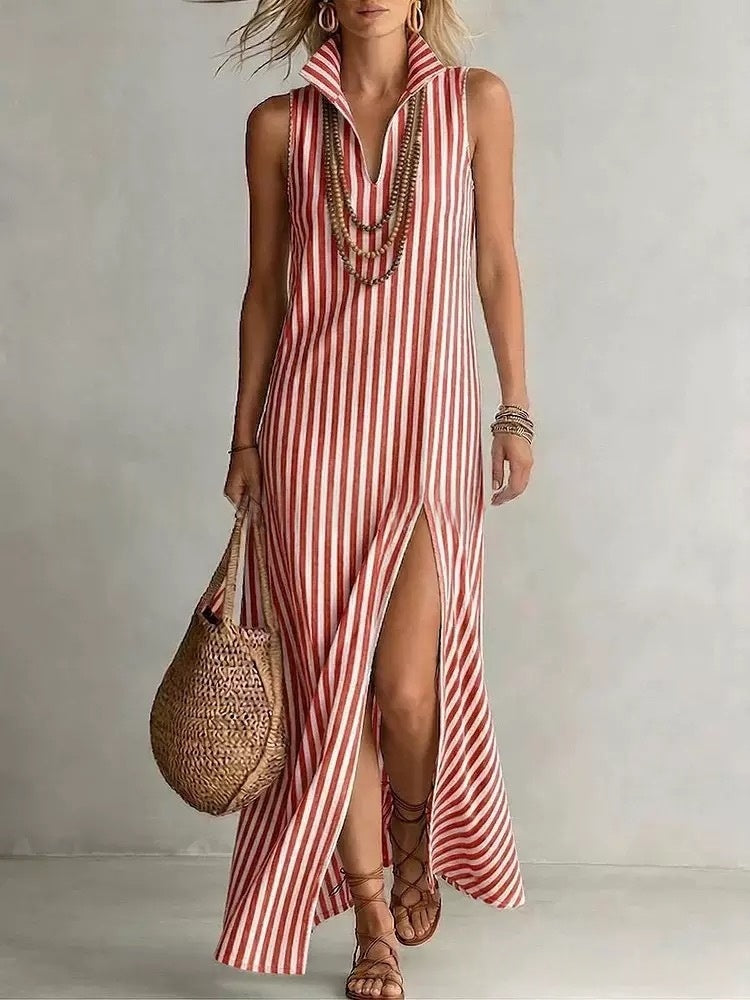Seasonal New Womens Striped Stand Collar Side-Slit Camisole Dress 