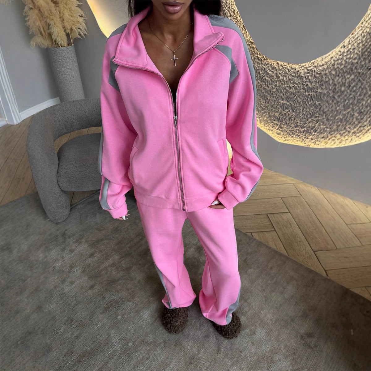 Womens Long-Sleeve Zip-Up Jacket And Sweatpants Two-Piece Set 