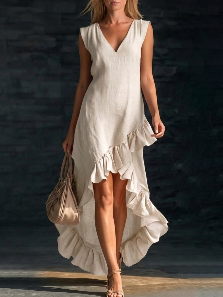 Women's Fashion Romantic Sleeveless V-Neck Ruffle Hem Cotton Linen Maxi Dress 