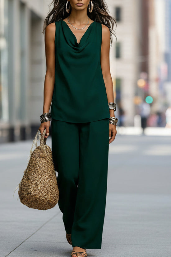 Womens Slash-Neck Sleeveless Tank Top And Casual Pants Set 