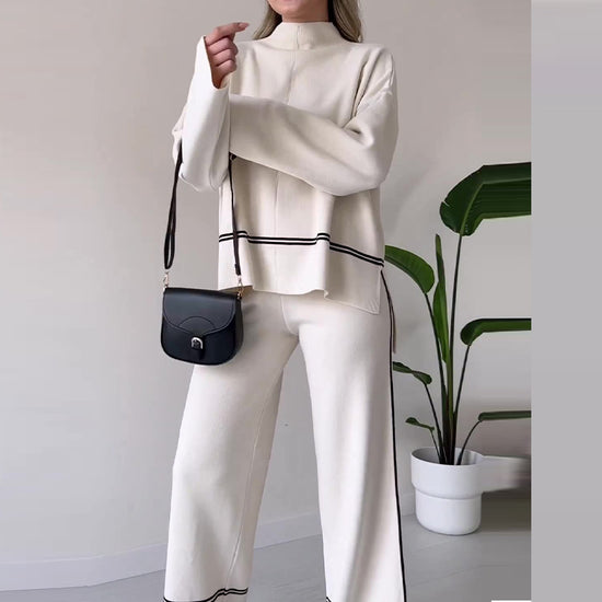 Women’s Solid Color Casual Two-Piece Set – Loose Top & Bootcut Pants Suit - FitiqueFit