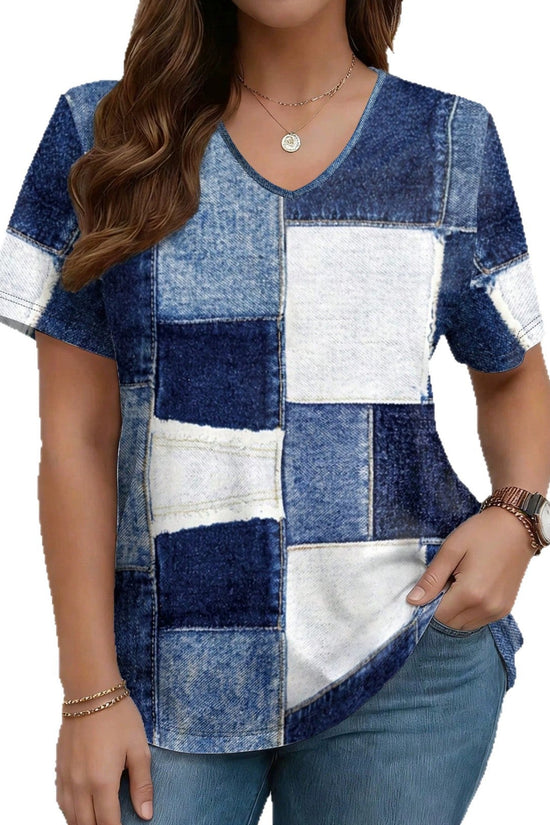 Womens Summer New V-Neck Denim Printed Short-Sleeve T-Shirt 