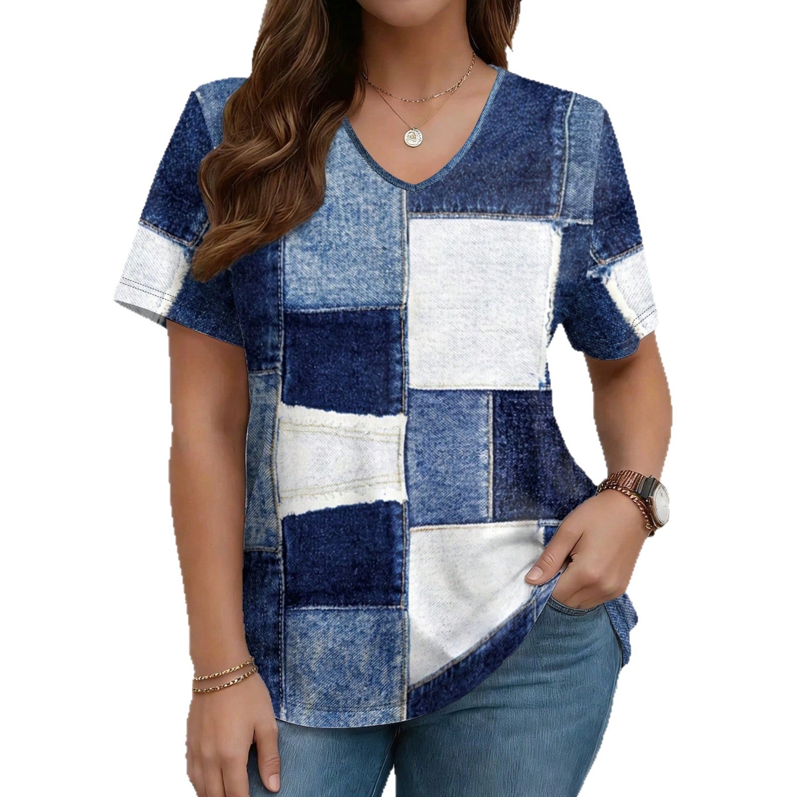 Womens Summer New V-Neck Denim Printed Short-Sleeve T-Shirt 