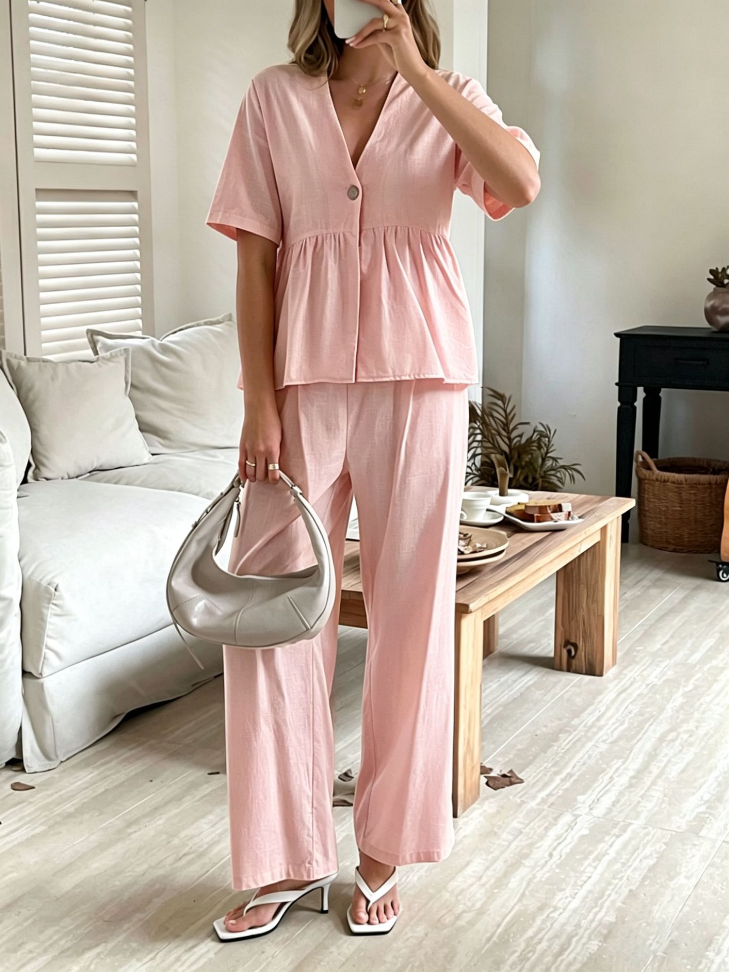 V-neck Loose-fit Short-sleeve Top And Wide-leg Pants Two-piece Set 