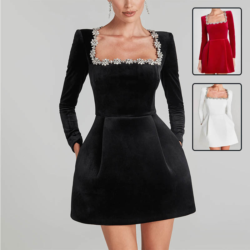 Christmas Elegant Square Neck Long-sleeved Dress With Flowers Rhinestone Design Fashion A-line Short Dresses Spring Clothing For Women CJ