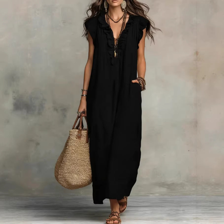 Women's Spring Summer Pocket Ruffle Elegant Dress 