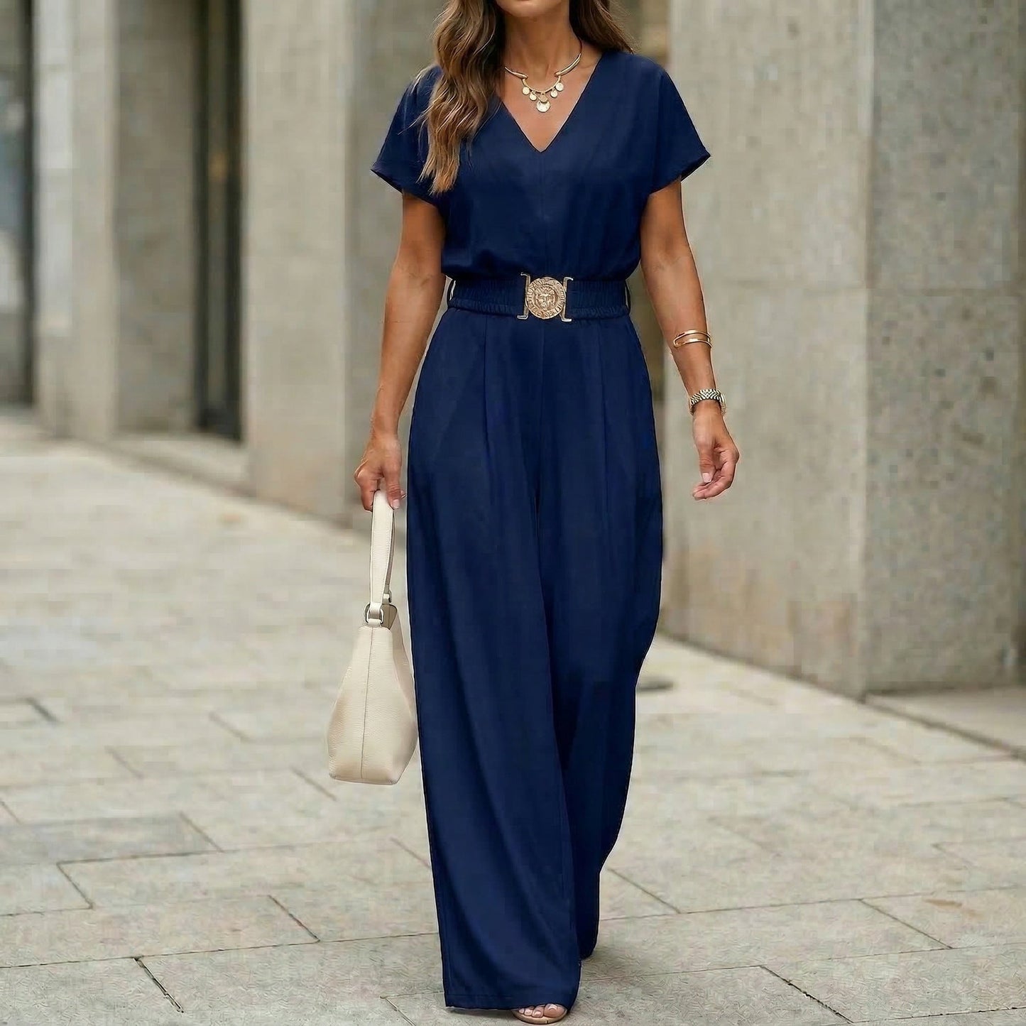 Womens V-neck Solid-color Short-sleeve Long-pants Belted Jumpsuit 