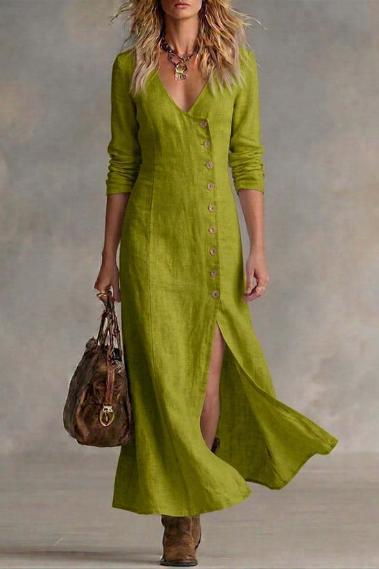 Fashionable Casual Cotton-Linen Long-Sleeve Womens Dress 