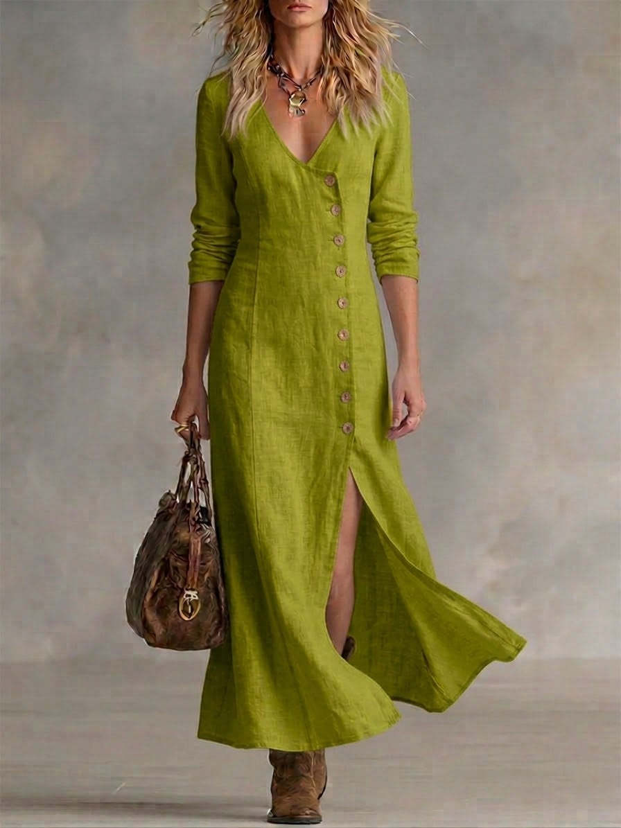 Fashionable Casual Cotton-Linen Long-Sleeve Womens Dress 