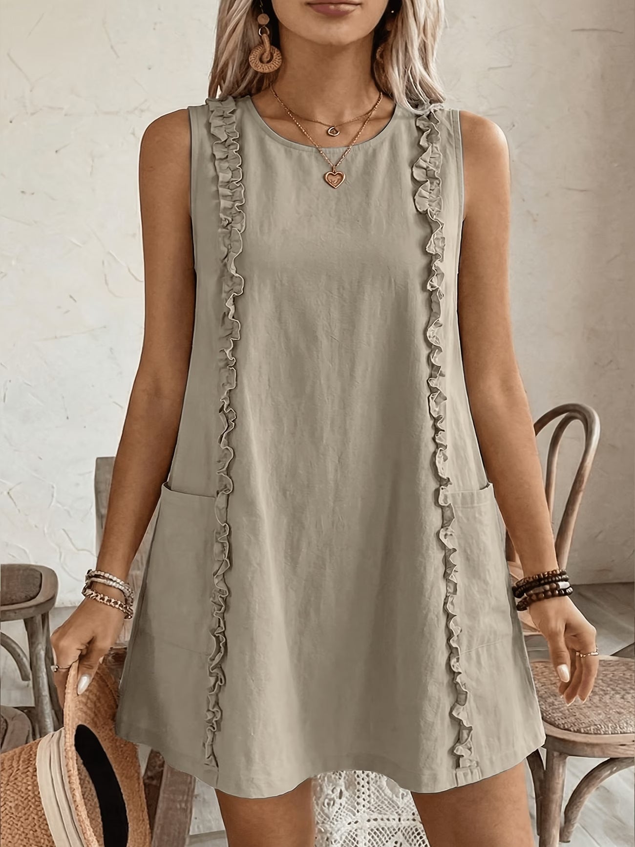 Women's Solid-Color Ruffle-Trimmed Dress 