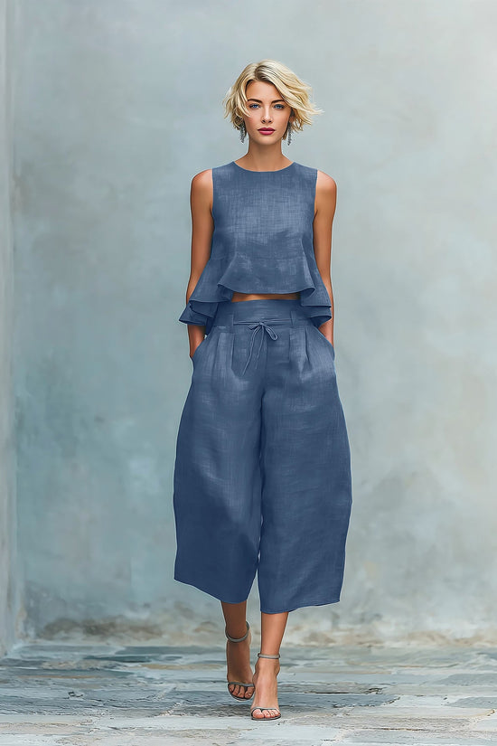 Womens Linen-blend Two-piece Set With Ruffled Detailing 