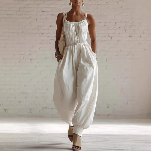 Womens Sleeveless Cotton-Linen Blend Jumpsuit 