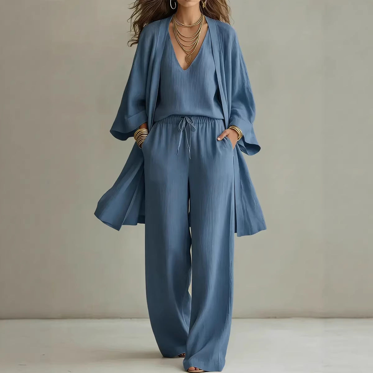 Womens Solid Color V-Neck Cardigan Vest With Pockets And Long Pants Three-Piece Set 