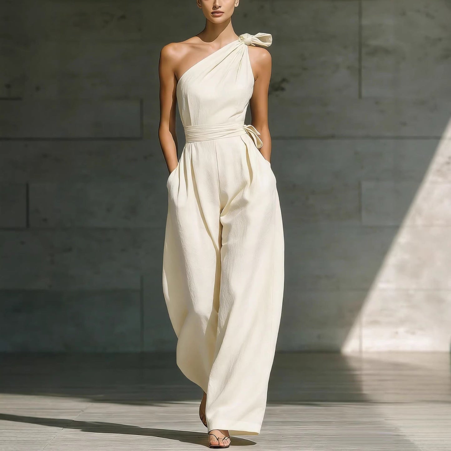 Loose-fitting Sleeveless Off-shoulder Belted Jumpsuit 
