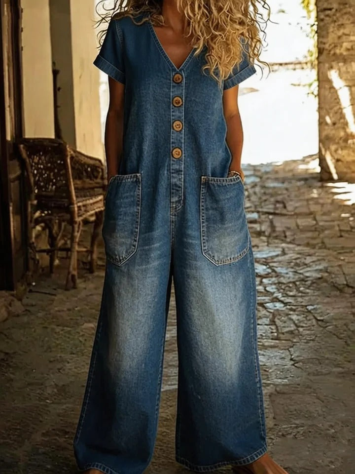 Womens Retro Summer Cotton-Linen Button-Pocket Comfortable Short-Sleeve Casual 