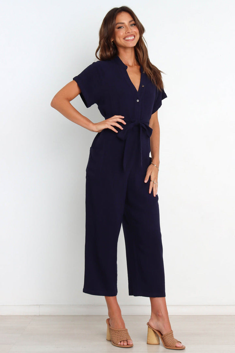 V-neck Cropped Wide-leg Jumpsuit For Women 